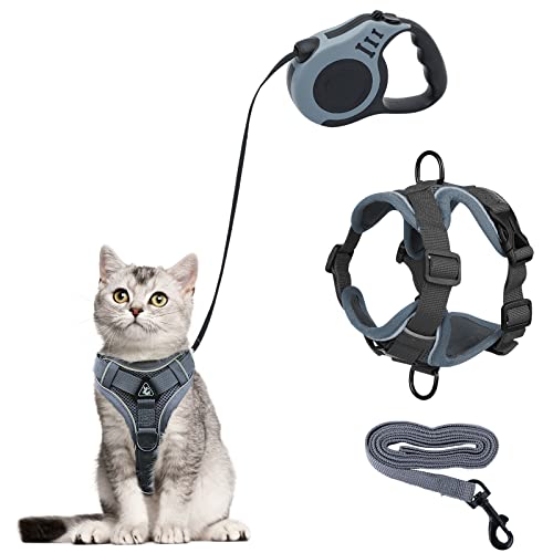 Katzengeschirr und Katzenleine Set,Automatisch Einziehbare Hunde Leine mit Geschirr für Katzen,Ausbruchsicher Katzen Leine Geschirr Set für Kitten Hunde (Grau, L) von QKTYB