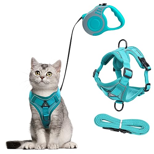 Katzengeschirr mit Leine Ausbruchsicher, Automatisch Einziehbare Katzenleine und Geschirr Katze Set, Verstellbares Katzen Geschirr Set mit Katzen Leine, Cat Harness für Kitten Hunde (blau, L) von QKTYB