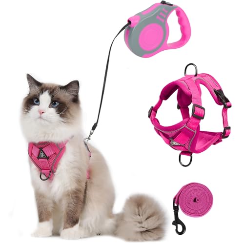 Katzengeschirr mit Leine Ausbruchsicher, Automatisch Einziehbare Katzenleine und Geschirr Katze Set, Verstellbares Katzen Geschirr Set mit Katzen Leine, Cat Harness für Kitten Hunde (rosa, M) von QKTYB