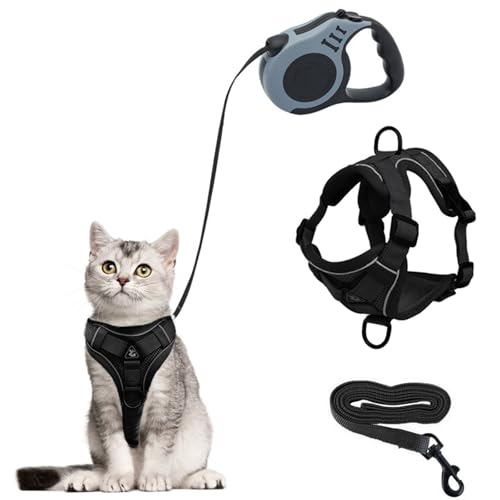 Katzengeschirr und Katzenleine Set,Automatisch Einziehbare Hunde Leine mit Geschirr für Katzen,Ausbruchsicher Katzen Leine Geschirr Set für Kitten Hunde (schwarz, L) von QKTYB