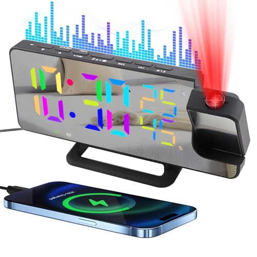 Wecker mit Projektion Schlafzimmer, Radiowecker Funkuhr Digital, 7.48" LED RGB Spiegel Projektionswecker Nachttisch, Schlummer, Temperatur Luftfeuchtigkeit, 12/24H, Doppelalarm, 5 Helligkeitsstufen von QKTYB