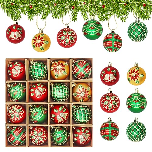 16 Stück Weihnachtskugeln Dekorationen,6cm bruchsichere hängende Weihnachtskugel,Hängende Weihnachtskugeln Kugeln Ornamente für Weihnachtsbaum,Weihnachtsbaum Dekoration Set für Xmas Party,Rot,Grün von QKURT
