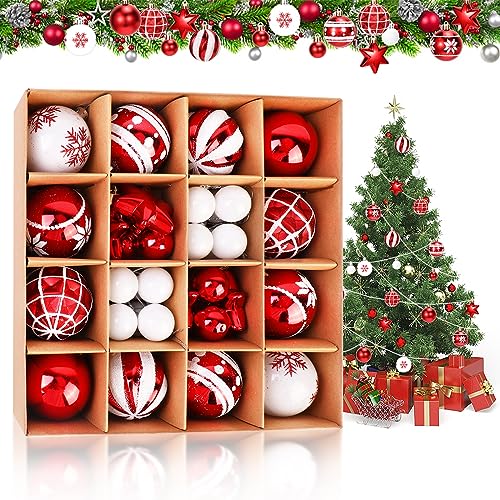 42 Stück Weihnachtskugeln Dekorationen,6cm bruchsichere hängende Weihnachtskugel,Hängende Weihnachtskugeln Kugeln Ornamente für Weihnachtsbaum,Weihnachtsbaum Dekoration Set für Xmas Party,Rot,Weiß von QKURT