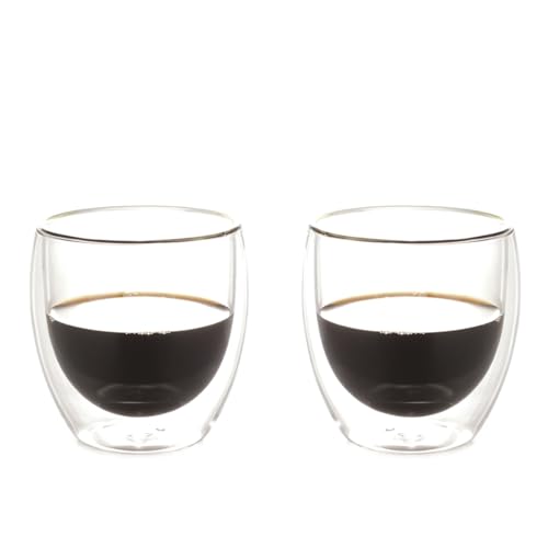 QLESHINING Doppelwandige Glas-Kaffeetassen, Set mit 2 hohlen vakuumversiegelten Cappuccino-Latte Macchiato-Gläsern, handgefertigt, hitzebeständig, mikrowellengeeignet, 280 ml Tasse (280 ml Tasse) von QLESHINING