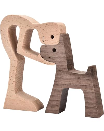 QLEUIFT 2 pcs Holzschnitzerei für Hunde Handgemachte Hund Holzschnitzerei Familie Haustier Holzschnitzerei Holzschnitzerei von Hunden und Menschen Geschnitzte Holzdekorationen für Hundeliebhaber von QLEUIFT