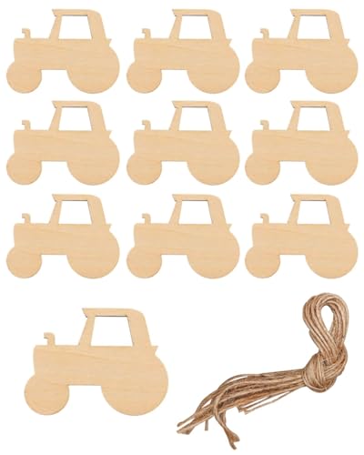 QLEUIFT 20 pcs Cartoon-Traktor Für Kunst Und Handwerk Zum Bemalen Von Autos Holzscheiben Zum Zeichnen Mini-Diy-Holzverzierungen Unbemalte Holzscheiben Holz-Party-Diy-Zubehör, 2 Meter Hanfseil*2 von QLEUIFT