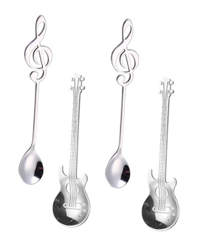 QLEUIFT 4 pcs Gitarre Kaffeelöffel Set,Gitarre Kaffeelöffel und Musiknote Kaffeelöffel,Musiker Geschenke,Edelstahl,Lustig Musik Deko Geschenk Teelöffel,für Tee,Milch,Kaffee,Dessert,Drink,Milchshake von QLEUIFT