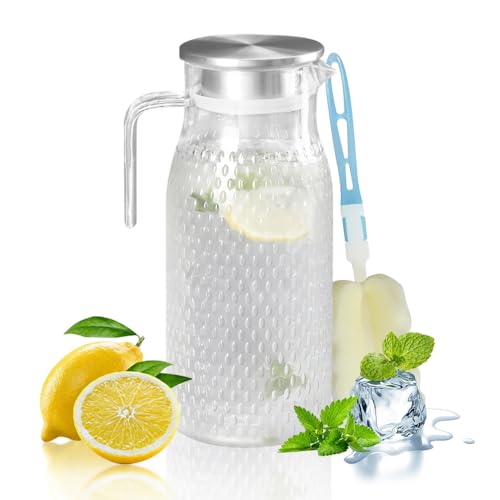 1 Pack 1.6L Wasserkaraffe kanne mit Edelstahldeckel und Griff, Acryl Transparenter Karaffe Krug, Wasserkrug Pitcher für Kühlschrank, Leicht zu Reinigender Karaffe Glas für Milch (1 Pack 1.6L) von QLFJ-FurDec