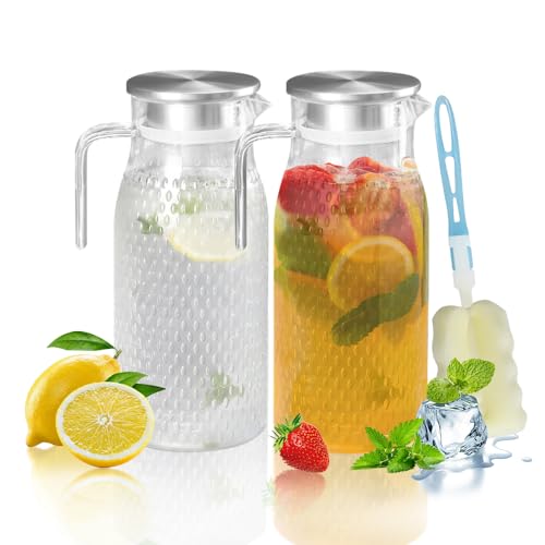 2 Pack 1.6L Wasserkaraffe kanne mit Edelstahldeckel und Griff, Acryl Transparenter Karaffe Krug, Wasserkrug Pitcher für Kühlschrank, Leicht zu Reinigender Karaffe Glas für Milch (2Pack 1.6L) von QLFJ-FurDec