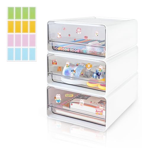 3 Stück Stapelbar Schreibtisch Organize mit 3 Schubladen, Transparent Weiß Schubladenboxen mit Etiketten, Büro Organizer Kunststoff Aufbewahrungsbox für Schminke, Zuhause, Schminktisch (3Stück, Weiß) von QLFJ-FurDec