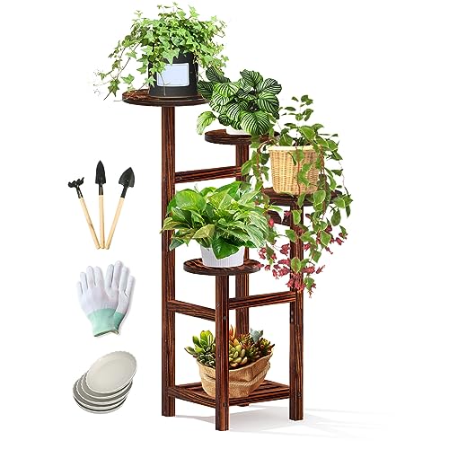 QLFJ-FurDec 5 Tier Holz Blumenständer Innen, Stehendes Pflanzenständer, Multi Pflanzenregal Topfhalter für Indoor Balkon Garten Fensterbank Ecke, Braun Plant Stand (5 Tier) von QLFJ-FurDec