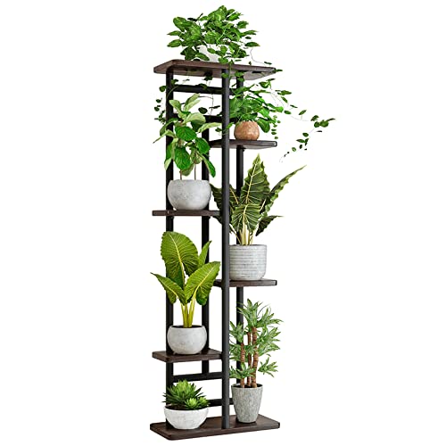 QLFJ-FurDec 6 Tier Pflanzentreppe Halter Indoor, Holz und Metall Stehendes Blumenständer Regale, 7 Topf Multi Blumentopf Topfhalter für Balkon Garten Fensterbank Ecke (6 Tier 7 Töpfe, Schwarz) von QLFJ-FurDec