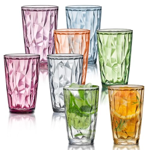 QLFJ-FurDec 8 Stück Wassergläser Set, 470ml trinkgläser Bunt Kunststoffbecher mit 8 Farbige, Kinderbecher Plastik Unzerbrechlich Drinking Glass, Stapelbar Kunststoff Saftgläser für Camping, Partys von QLFJ-FurDec