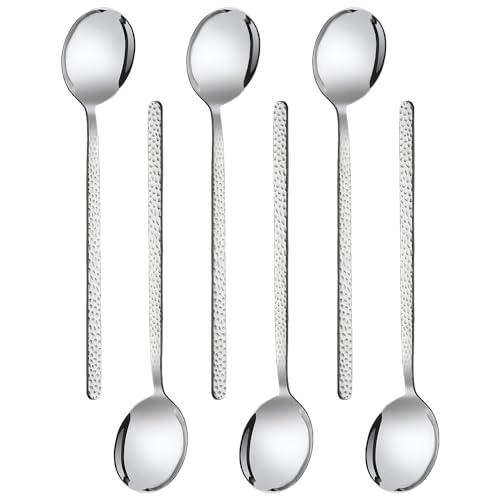 QLFJ-FurDec Esslöffel Stück, Runder löffel 20,5cm Länge, Silberne Koreanische Edelstahllöffel mit Spiegelpolitur und Rautenmuster, Langer Teelöffel Premium Dessertlöffel für Partys (6pcs-20.5cm) von QLFJ-FurDec