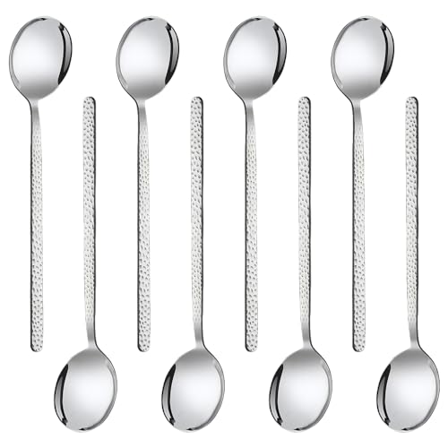 QLFJ-FurDec Esslöffel Stück, Runder löffel 20,5cm Länge, Silberne Koreanische Edelstahllöffel mit Spiegelpolitur und Rautenmuster, Langer Teelöffel Premium Dessertlöffel für Partys (8pcs-20.5cm) von QLFJ-FurDec