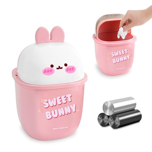 QLFJ-FurDec Tischabfalleimer Klein, Kawaii Mini Desktop Mülleimer mit 3 Rollen Müllsäcke, Cartoon Rosa Kaninchen Tischmülleimer mit Deckel 16.4 * 16.4 * 25cm, Cute mülleimer für Den Waschtisch(Weiß) von QLFJ-FurDec