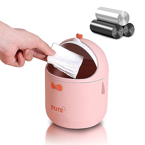 Tischabfalleimer Klein, Kawaii Mini Desktop Mülleimer mit 3 Rollen Müllsäcke, Cartoon Rosa Kaninchen Tischmülleimer mit Deckel 16.4*16.4*25cm, Cute mülleimer für Den Waschtisch (Rosa-Ente) von QLFJ-FurDec