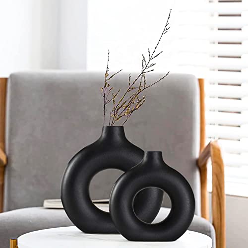 Keramik Vase, Schwarze Set of 2 Blumenvasen aus Keramik für Wohnungsdeko Trockenblumen Deko Vasen für Tischdecko mit Pampasgras, Zimmer Deko für Geschenk, Große Mittelgroße von QLOFEI