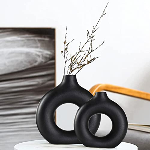 Keramik Vases - Schwarze Set of 2 Blumenvasen aus Keramik für Wohnungsdeko Trockenblumen Deko Vasen für Tischdecko mit Pampasgras, Zimmer Deko für Geschenk, Kleine Mittelgroße von QLOFEI