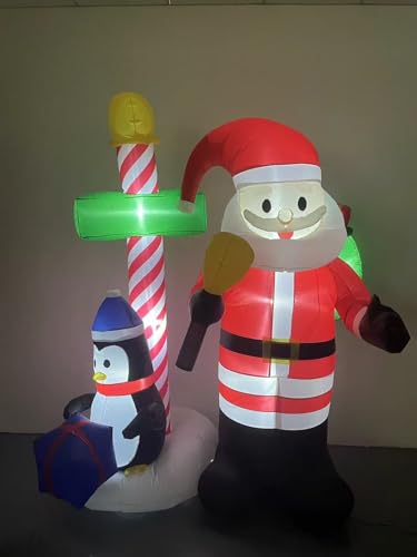 QLOFEI 210cm Aufblasbarer Weihnachtsmann Außen mit LED Licht, Groß Schneemann Aufblasbare Weihnachtsdeko mit Pinguin Gehstock und Geschenken, Beleuchteter Weihnachtsmann für Garten Rasen Hof Yard von QLOFEI