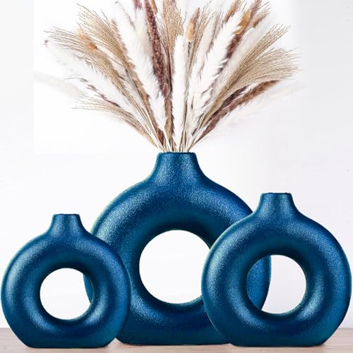 Vasen Deko- Blau Donut Keramik Vasen Set 3,Vase für Pampasgras Modern Skandinavische Deko,Boho Beige Vase für Wohnzimmer,Flur,Hochzeit,Fensterbank,Tisch,Party Home Deko…… von QLOFEI