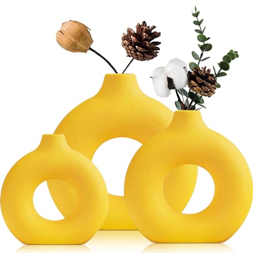 Vasen Deko- Gelb Donut Keramik Vasen Set 3,Vase für Pampasgras Modern Skandinavische Deko,Boho Beige Vase für Wohnzimmer,Flur,Hochzeit,Fensterbank,Tisch,Party Home Deko…… von QLOFEI