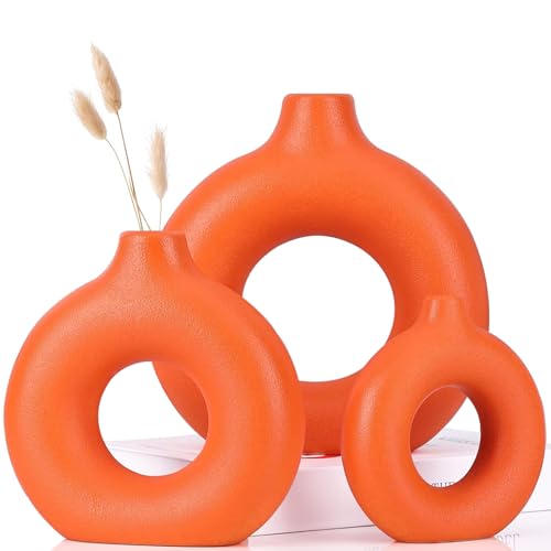 Vasen Deko- Orange Donut Keramik Vasen Set 3,Vase für Pampasgras Modern Skandinavische Deko,Boho Beige Vase für Wohnzimmer,Flur,Hochzeit,Fensterbank,Tisch,Party Home Deko…… von QLOFEI