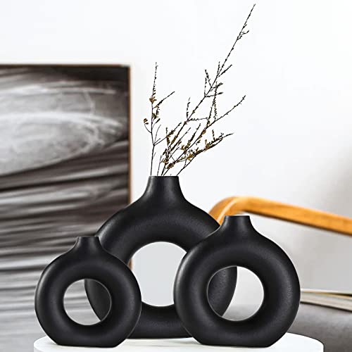 Vasen Deko -Schwarzer Keramik Vase Satz von 3 für Moderne Home Decor, Runde Matte Vasen für Pampasgras,vasen deko Aesthetic Neutral Boho Nordic Minimalismus Stil Blumenvasen…… von QLOFEI