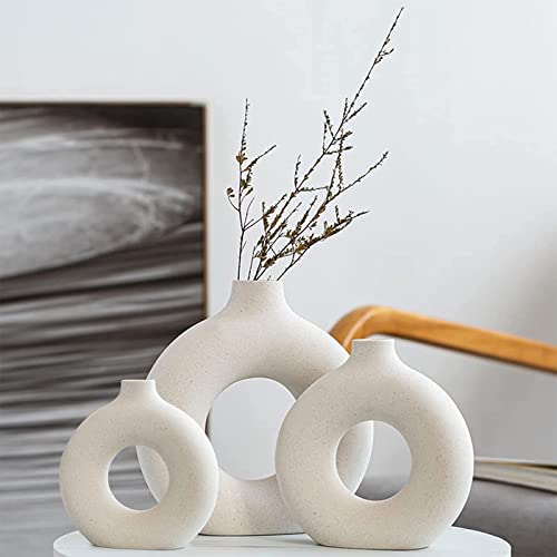 Vasen Deko- Weiße Donut Keramik Vasen Set 3,Vase für Pampasgras Modern Skandinavische Deko,Boho Beige Vase für Wohnzimmer,Flur,Hochzeit,Fensterbank,Tisch,Party Home Deko…… von QLOFEI