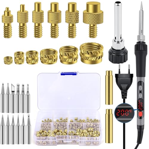390 Stück Gewindeeinsätze Lötspitzen Set,90W LED Temperatur Einstellbar Lötkolben mit 380PCS Gewindeeinsätze M2/M3/M4/M5/M6/M8,9PCS Pyrography Head,8PCS Lötspitzen für 3D Druck,Prägen,Schnitzen von QLOUNI