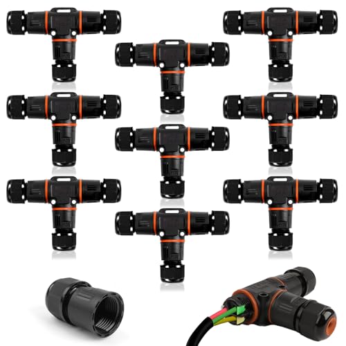 9 Stück Kabelverbinder Wasserdicht IP68, T-Form Verteilerdose Klemmdose Kabelverbinder Wasserdicht 3-polig Erdkabel Verbindungsmuffe für Ø3-12 mm Kabeldurchmesser, Acrylnitril-Butadien-Styrol von QLOUNI