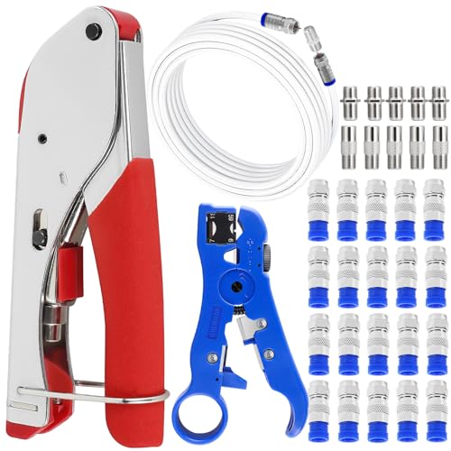 Crimpzange Koaxialkabel Kit,F Stecker Crimpzange mit RG6 TV-Kabel und 20 F RG6 Steckern,F-Stecker,Crimpzange Koaxialkabel für STB, Dish TV,Satellit,Antennen-Koaxialkabel von QLOUNI