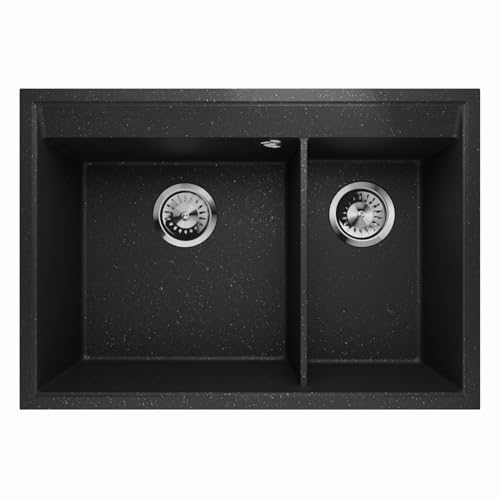 Granitspüle Doppelbecken Küchenspüle Einbauspüle Spülbecken Siphon Restbecken 2-1,5 Becken Frame 2.5 (Schwarz Vergoldet) von QLS
