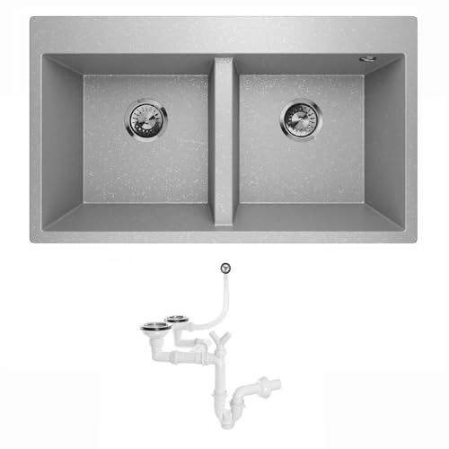 Granitspüle Doppelbecken Küchenspüle Einbauspüle Spülbecken Waschbecken Siphon Lavello Elle 2.0 Grau Metallic von QLS