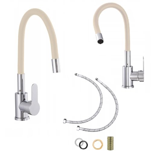 Küchenarmatur Wasserhahn Spültischarmatur Armatur Mischbatterie Brause Flexibler Auslauf 360° Küche Chrom (Beige) von QLS