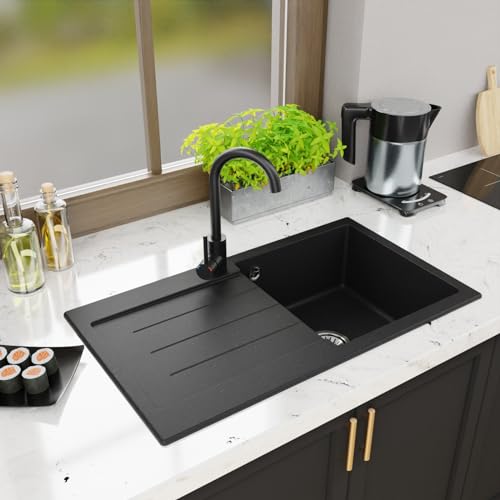 Küchenspüle Granitspüle Einbauspüle Einzelbecken Waschbecken Einbauspüle Siphon Lavello Master 1.0 Schwarz Metallic - Links von QLS