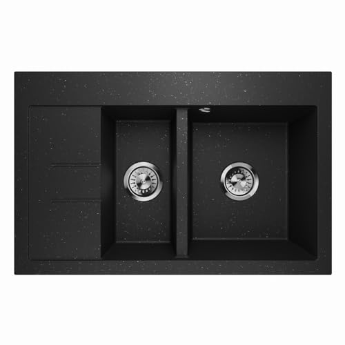 Küchenspüle Granitspüle Einbauspüle Restbecken 1,5 Becken Spüle Abtropffläche Siphon Luxor 1.5S Links (Schwarz Metallic) von QLS