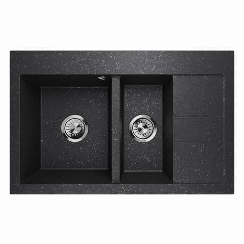 Küchenspüle Granitspüle Einbauspüle Restbecken 1,5 Becken Spüle Abtropffläche Siphon Luxor 1.5S Rechts (Graphit) von QLS