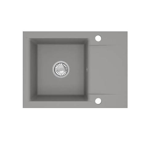 QLS Granit-Küchenspüle 1-Becken mit Abtropffläche LUNA 59x44 cm – reversibel – mit automatischem Siphon – für 40 cm Unterschrank – schwarz, weiß, beige, grau – matt, kompakt (Grau) von QLS