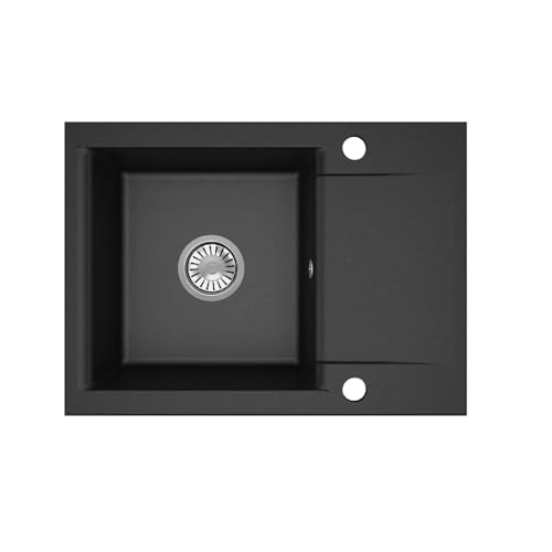 QLS Granit-Küchenspüle 1-Becken mit Abtropffläche LUNA 59x44 cm – reversibel – mit automatischem Siphon – für 40 cm Unterschrank – schwarz, weiß, beige, grau – matt, kompakt (Schwarz metallic) von QLS