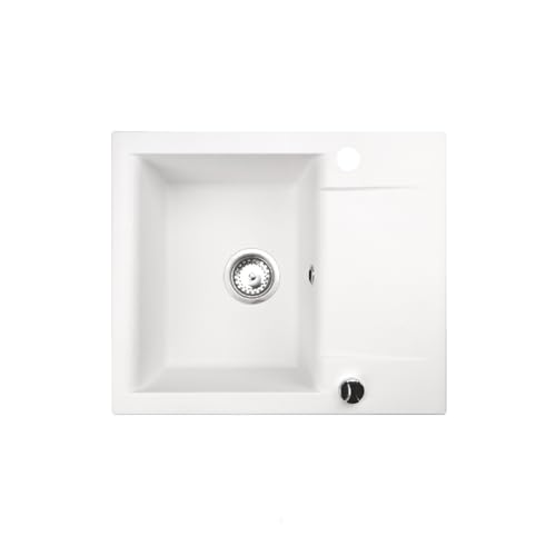 QLS Granit-Küchenspüle 1-Becken mit Abtropffläche LUNA 59x44 cm – reversibel – mit automatischem Siphon – für 40 cm Unterschrank – schwarz, weiß, beige, grau – matt, kompakt (Weiß) von QLS