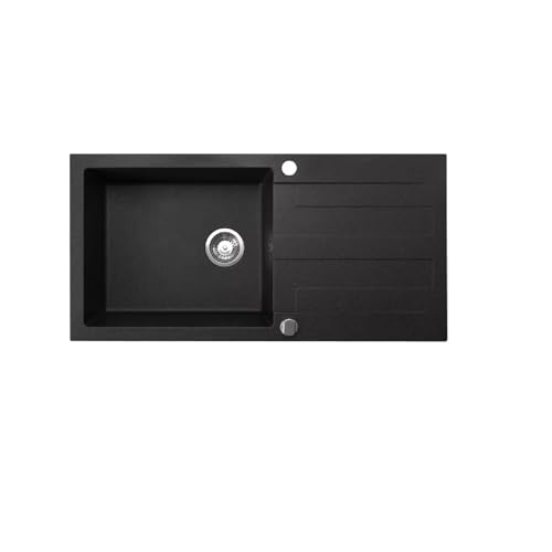 QLS Granitspüle Neli 100×50 cm schwarz/beige/grau/weiß/metallic, 1 Becken mit Abtropffläche, reversibel, für Unterschränke ab 55 cm + automatischer Siphon (Schwarz metallic) von QLS