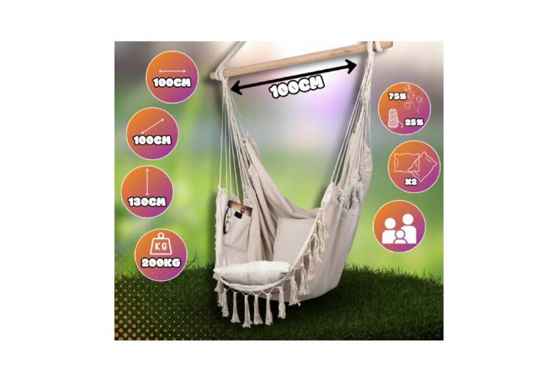 QLS Hängesessel Boho-Stil 130x100 cm, mit 2 Kissen Hängestuhl bis 200 kg beige von QLS