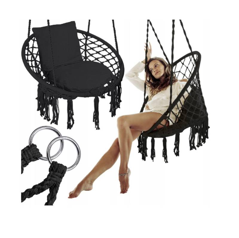 QLS Hängesessel mit Kissen bis 150kg Schwarz, für Garten & Zuhause Schaukelstuhl 100% Baumwolle von QLS