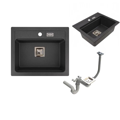 QLS YORK – Granitspüle 59x50 cm, 1-Becken, Einbauspüle, Schwarz metallic, inkl. Siphon, Schablone – kratz- & hitzebeständig – für 60 cm Unterschränke – transportsicher verpackt von QLS