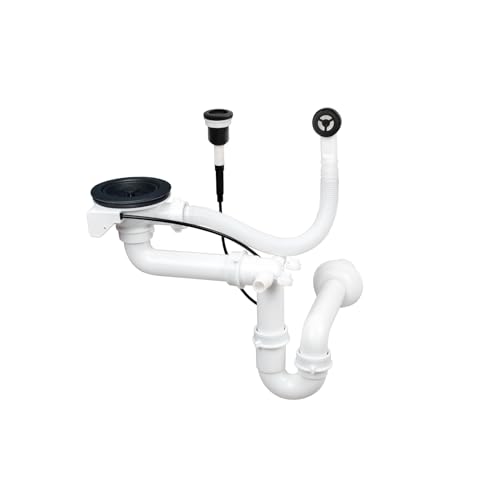 Siphon Abflussgarnitur Ablauf Überlauf Abfluss für Küchenspüle Push 1 Becken Kammer Automatisch (Schwarz) von QLS