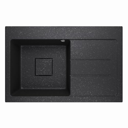 Spülbecken Granitspüle Einbauspüle Küchenspüle Einzelbecken Waschbecken mit Abtropffläche und verstecktem Abfluss Siphon Lavello Qube 1.0 Graphit Schwarz - Rechts von QLS
