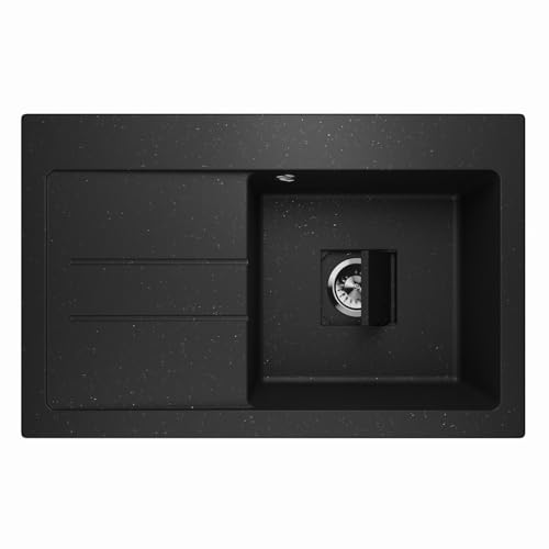 Spülbecken Granitspüle Einbauspüle Küchenspüle Einzelbecken Waschbecken mit Abtropffläche und verstecktem Abfluss Siphon Lavello Qube 1.0 Schwarz Vergoldet - Links von QLS