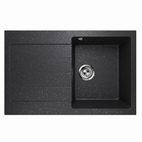 Spülbecken Granitspüle Waschbecken Spüle Einzelbecken mit Abtropffläche Siphon Lavello Decoro 1.0 Graphit Schwarz - Links von QLS