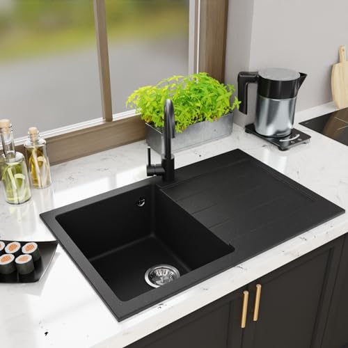 Spülbecken Granitspüle Waschbecken Spüle Einzelbecken mit Abtropffläche Siphon Lavello Decoro 1.0 Schwarz - Rechts von QLS